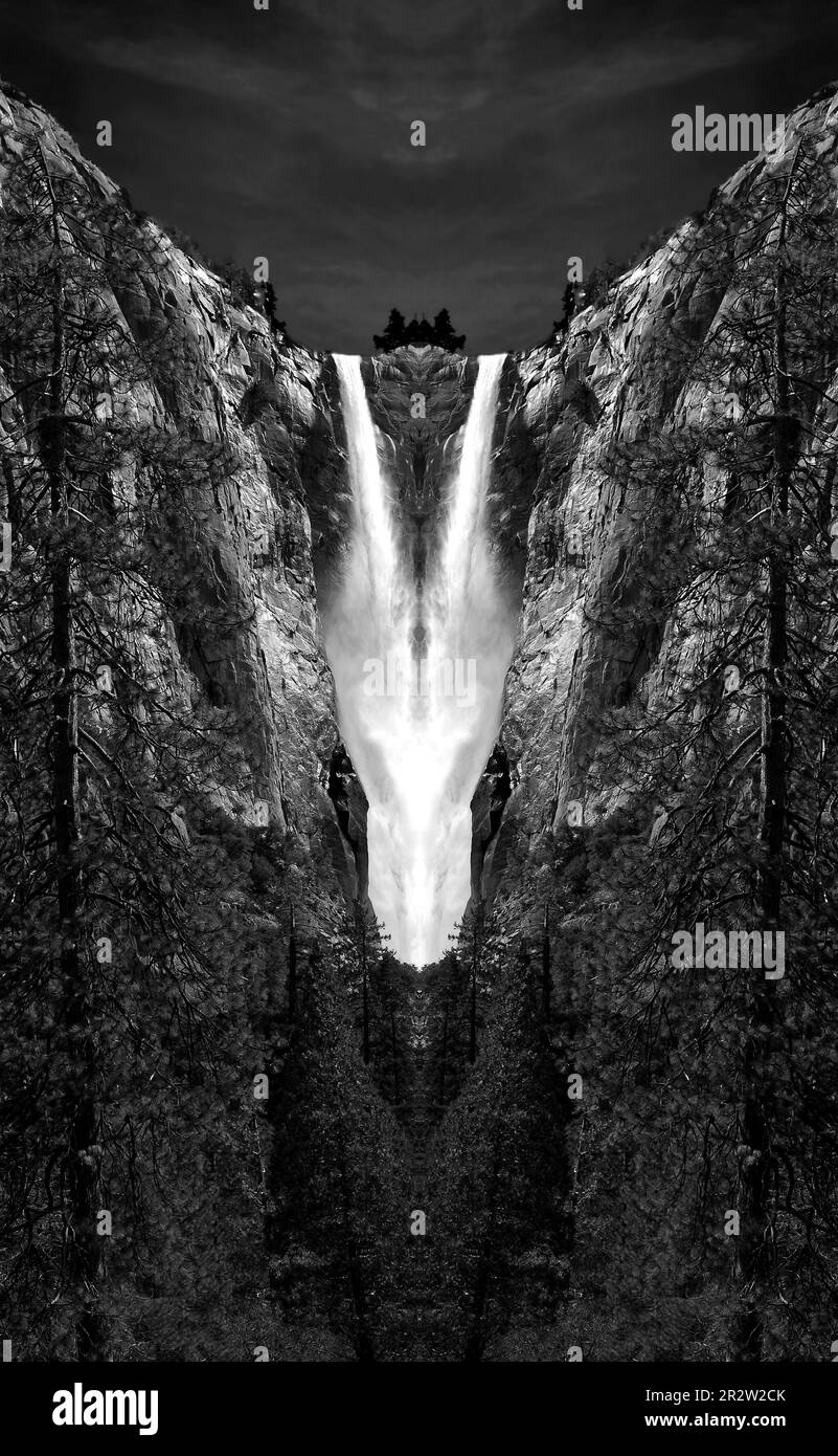 Monochrome double waterfall in Yosemite National Forest Stock Photo