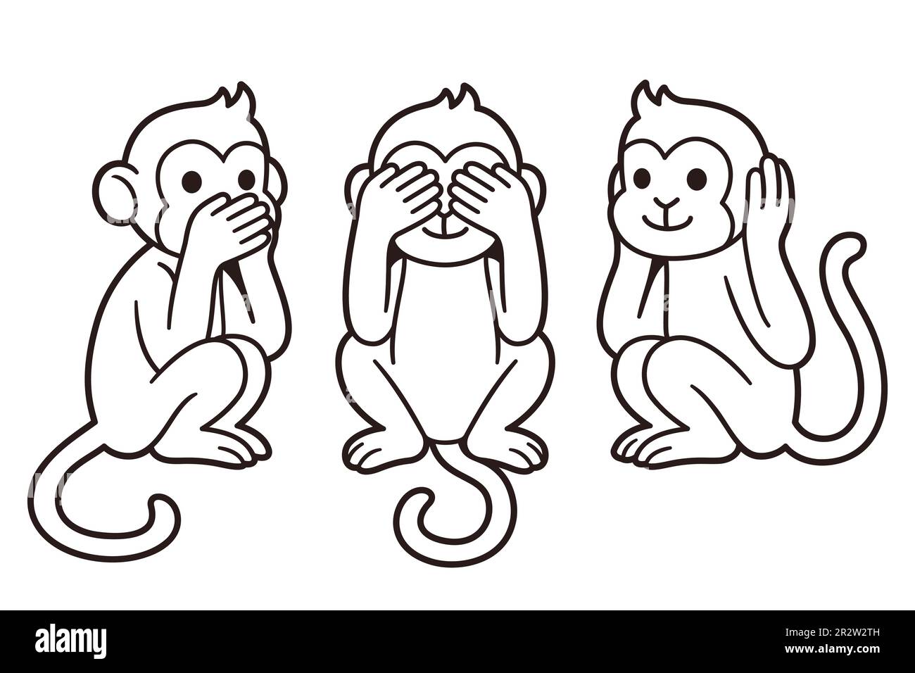 Three wise monkeys with hands covering eyes, ears and mouth: See no evil, Hear no evil, Speak no evil. Cute cartoon illustration, line art drawing. Stock Vector