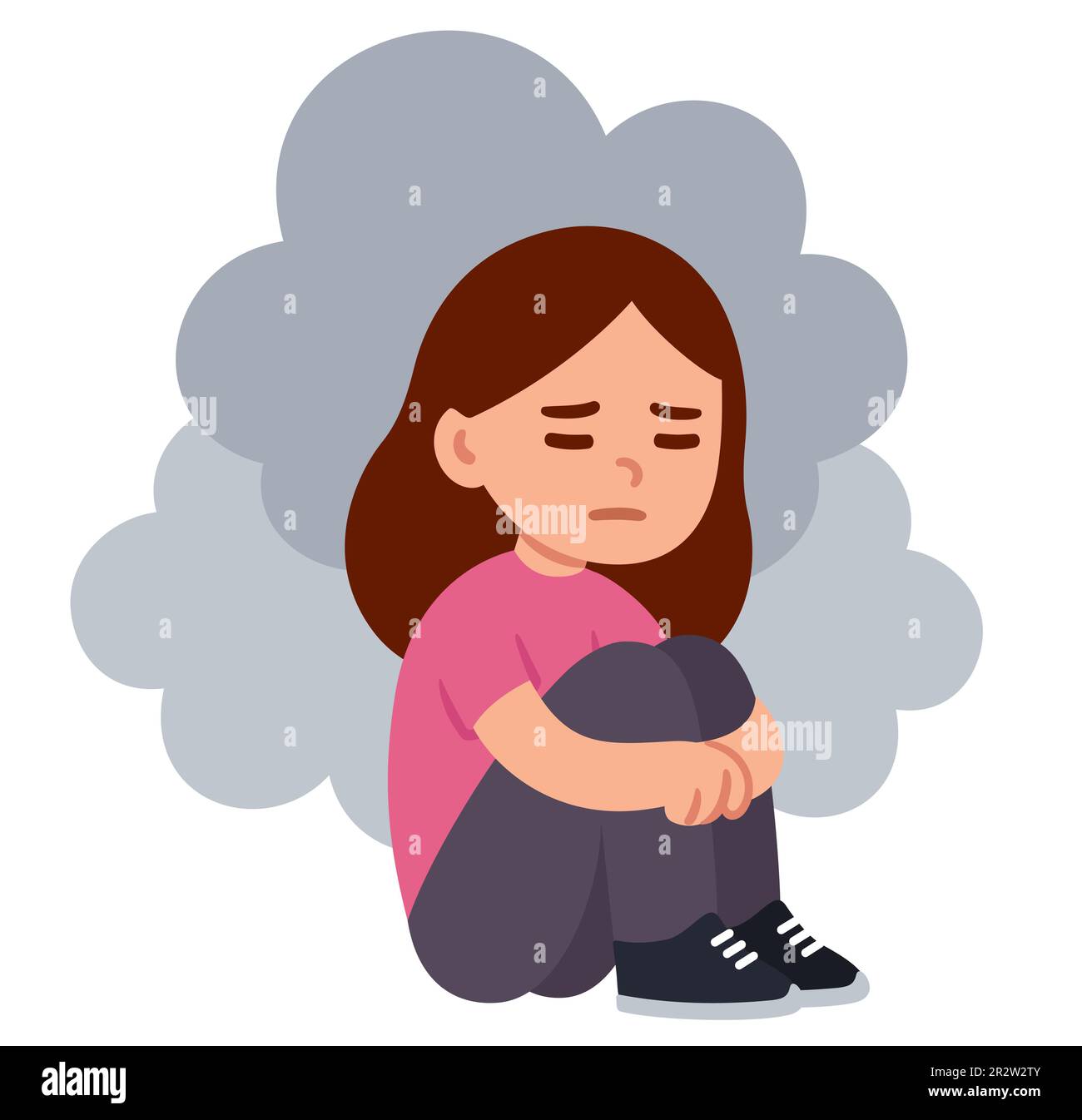Sad depressed teenage girl sitting on the floor hugging knees with clouds around. Simple flat cartoon drawing. Mental health and depression vector cli Stock Vector