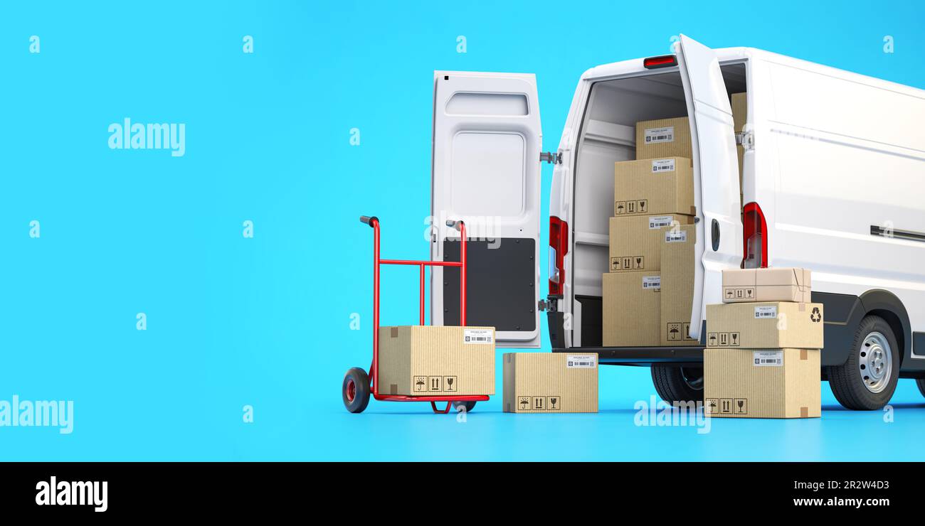 Fast espress delivery concept. Rear view of delivery van with cardboard boxes on blue background. 3d illustration Stock Photo