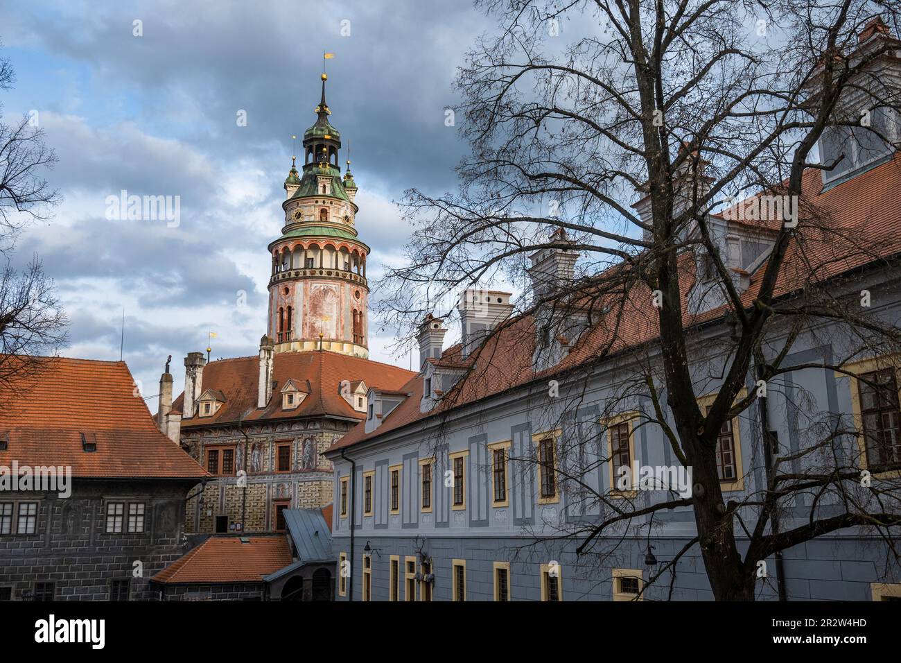 Tower and buildings of Cesky Krumlov castle, South Bohemia. Stock Photo