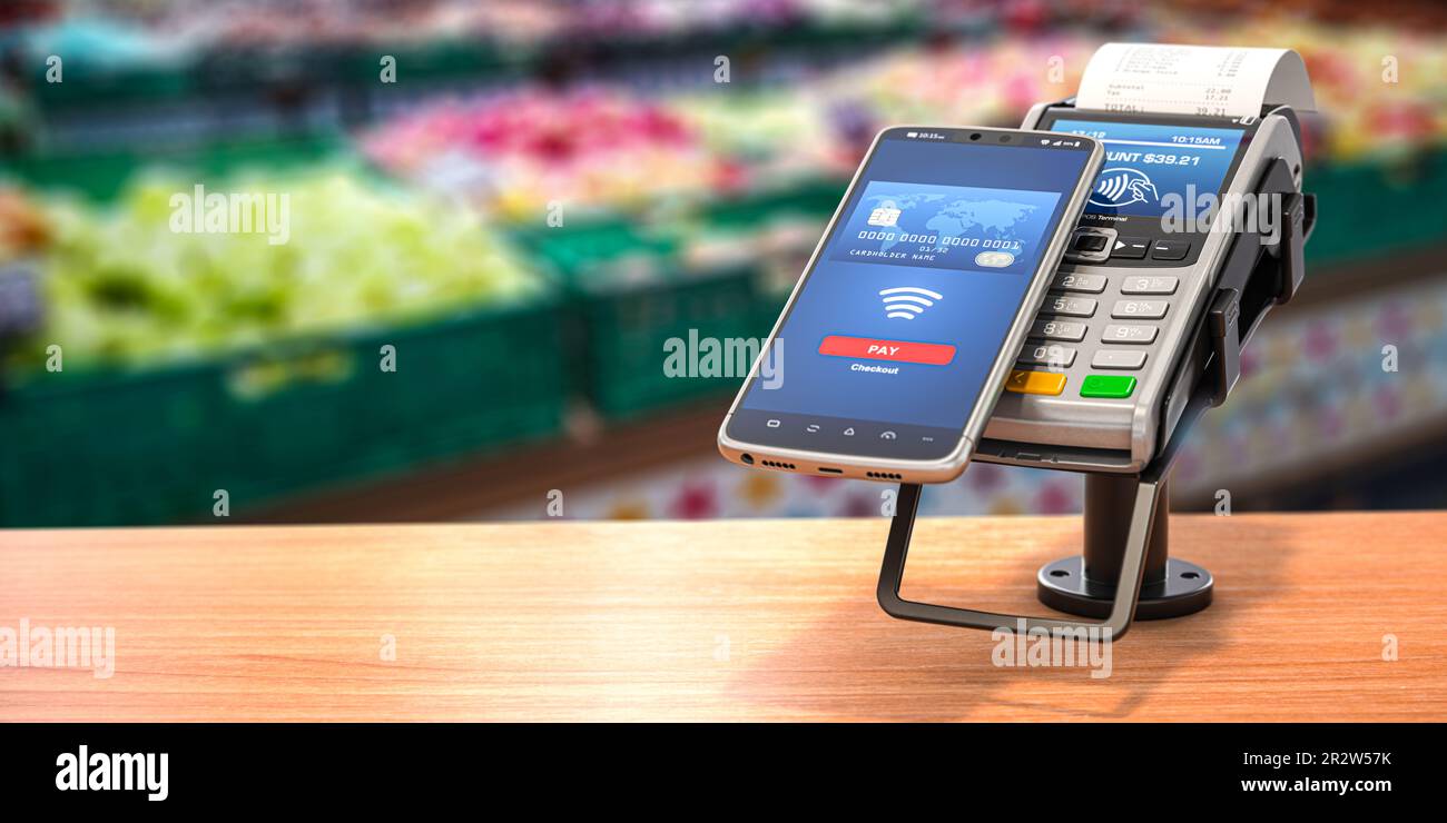 Contactless  payment with smart phone. POS terminal with NFC mobile phone in asupermarket. 3d illustration Stock Photo