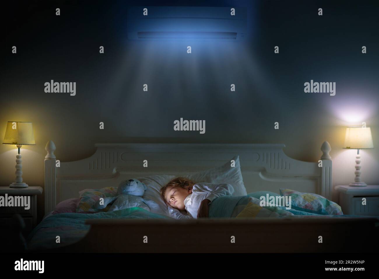 Air conditioner in bedroom. Kids room climate control. Mother and child