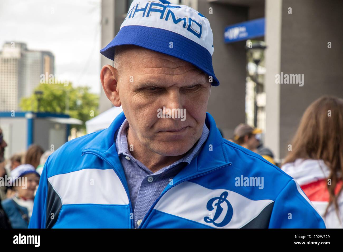Moscow, Russia. 21st of May, 2023. Russian Federation Council member Alexander Karelin arrives to plant out wild cherry trees in Dynamo Park to mark the Dynamo Moscow centenary as part of the Cherry Forest Festival in Moscow, Russia Stock Photo
