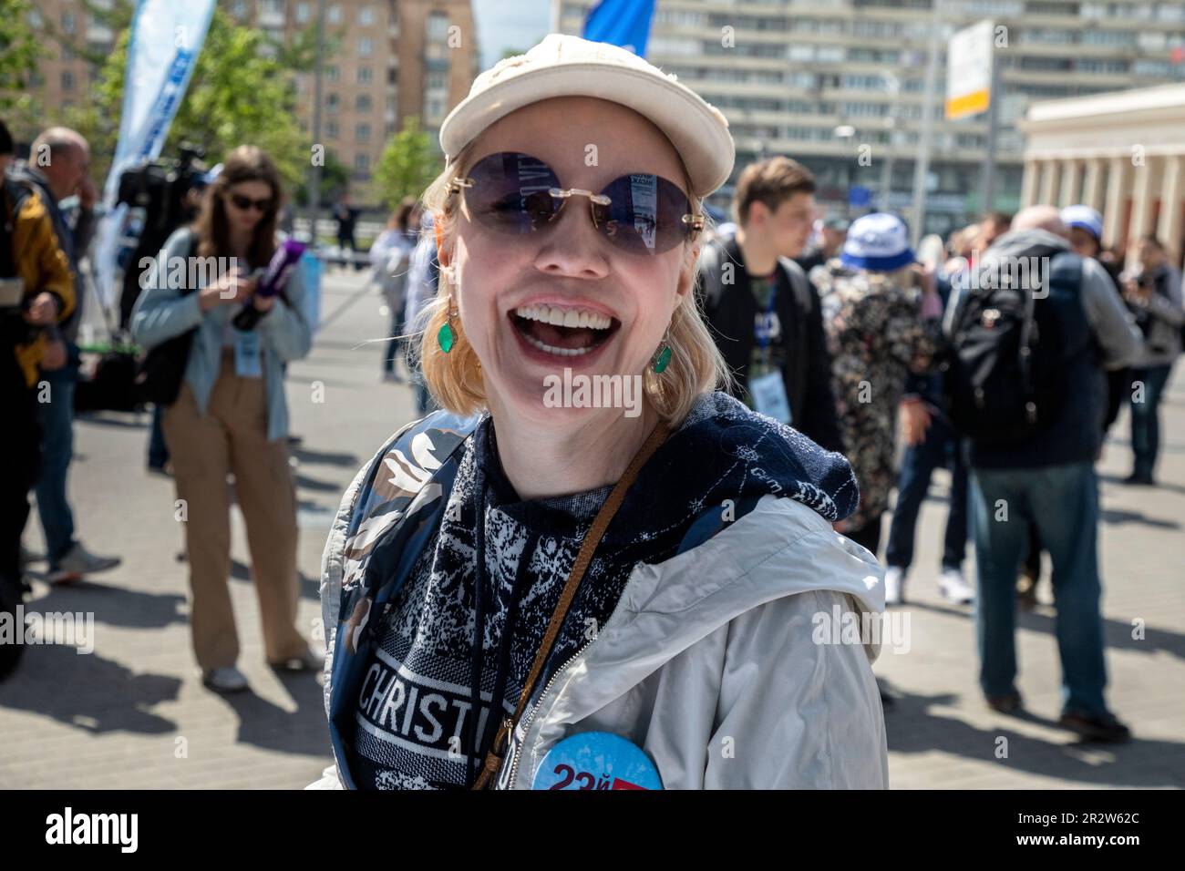 Moscow, Russia. 21st of May, 2023. Russian actress Marina Zudina attends to plant out wild cherry trees in Dynamo Park to mark the Dynamo Moscow centenary as part of the Cherry Forest Festival in Moscow, Russia Stock Photo