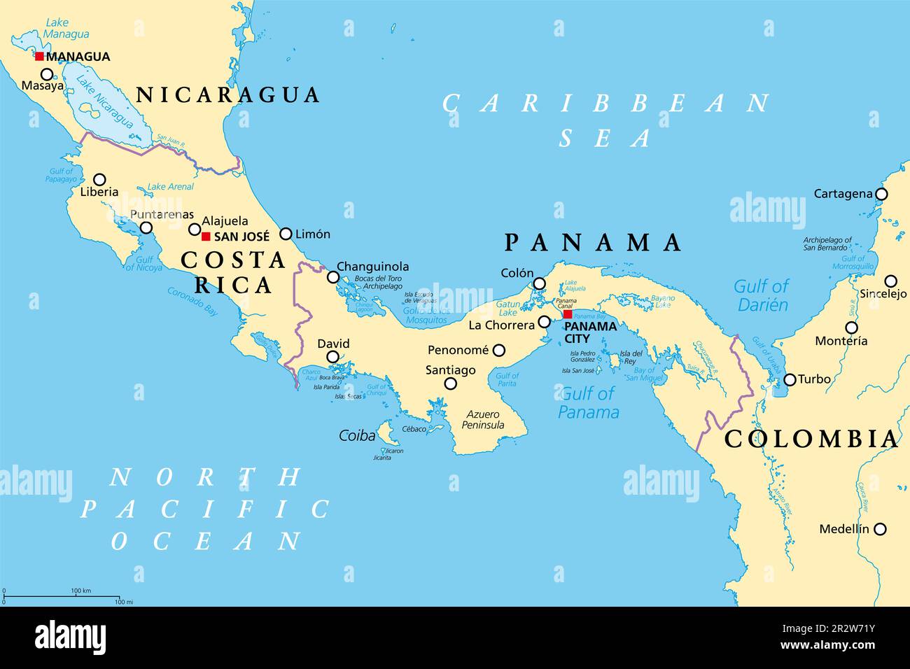 Costa Rica and Panama, political map, with Isthmus of Panama and Darien Gap. Narrow strip of land and region between Caribbean Sea and Pacific Ocean. Stock Photo