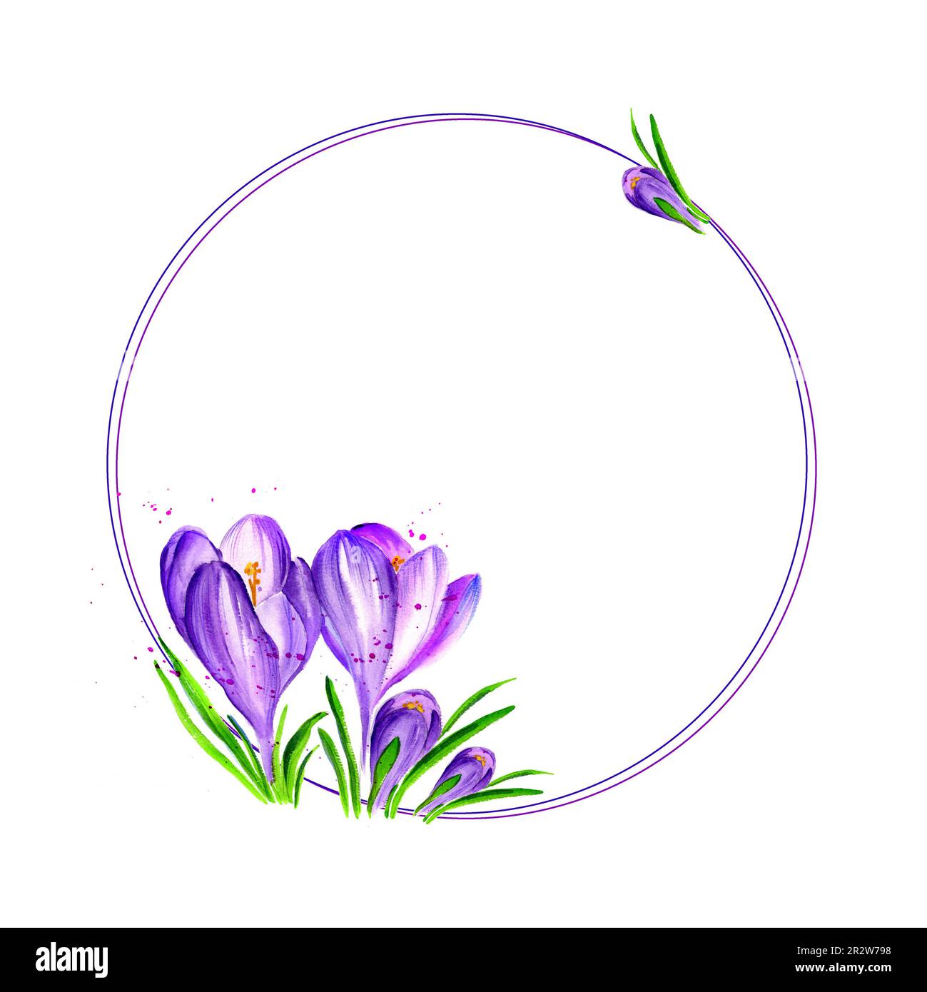 White round frame on watercolour background with spring blue flowers ...