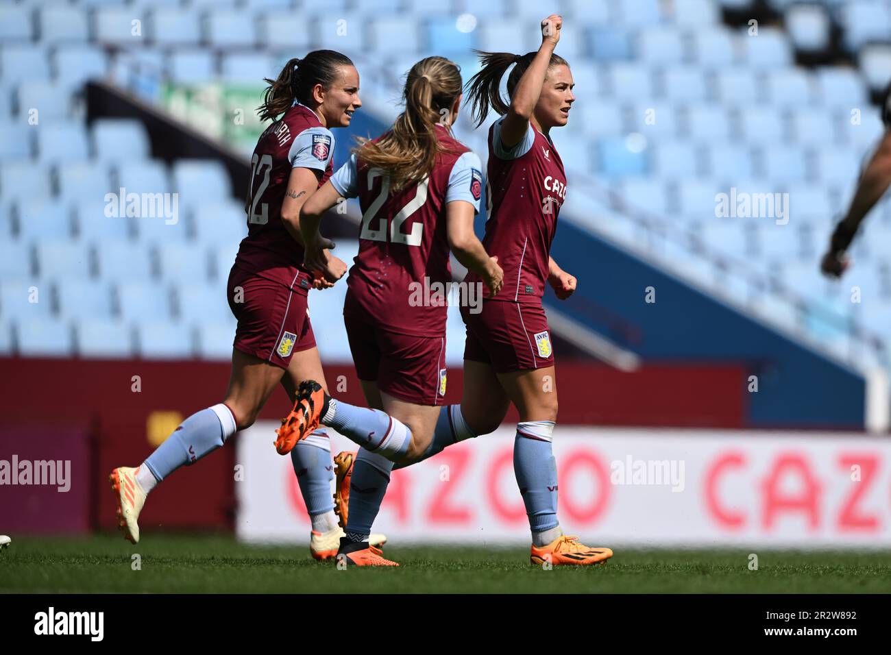 Birmingham, UK. 21st May 2023.   Kirsty Hanson of Aston Villa celebrates her sides third goal during the Women’s Super League match between Aston Villa and Liverpool at Villa Park in Birmingham on 21st May 2023. This image may only be used for Editorial purposes. Editorial use only.  Credit: Ashley Crowden/Alamy Live News Stock Photo