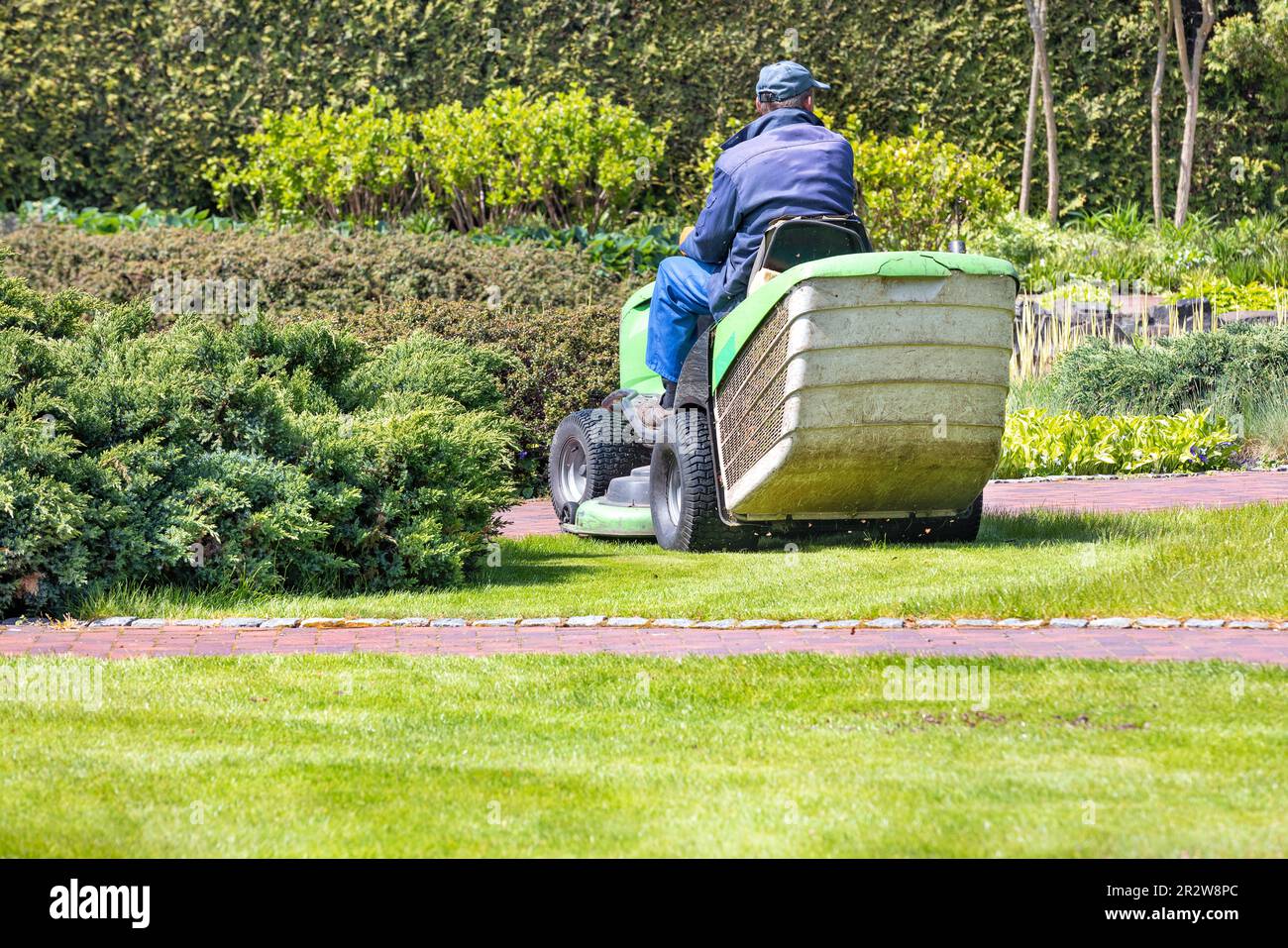 A working gardener drives a tractor lawn mower and mows the green grass of the lawn against a blurred background of a spring garden. Copy space. Stock Photo