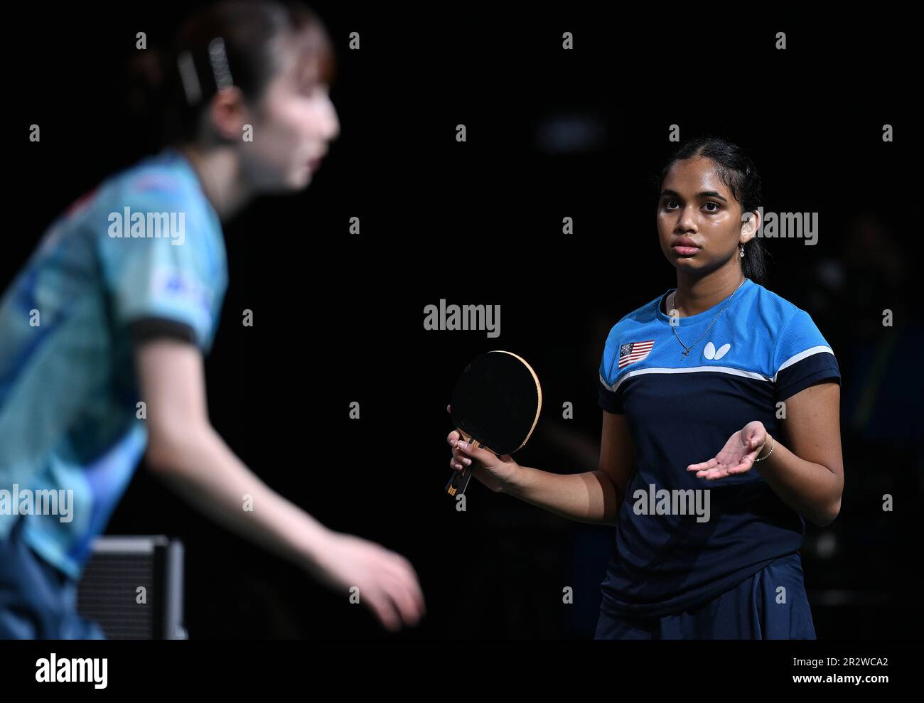 Durban, South Africa. 21st May, 2023. Sarah Jalli (R) of the United States  reacts during the women's singles first round match between Hayata Hina of  Japan and Sarah Jalli of the United