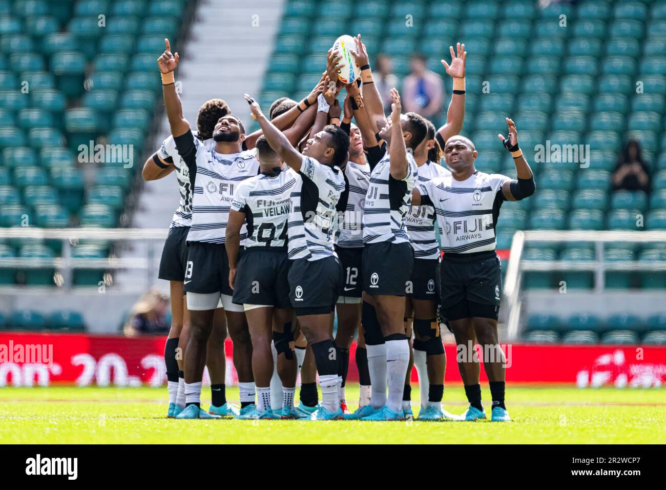 LONDON, UNITED KINGDOM. 21st, May 2023. Fiji team pray during Fiji 7s