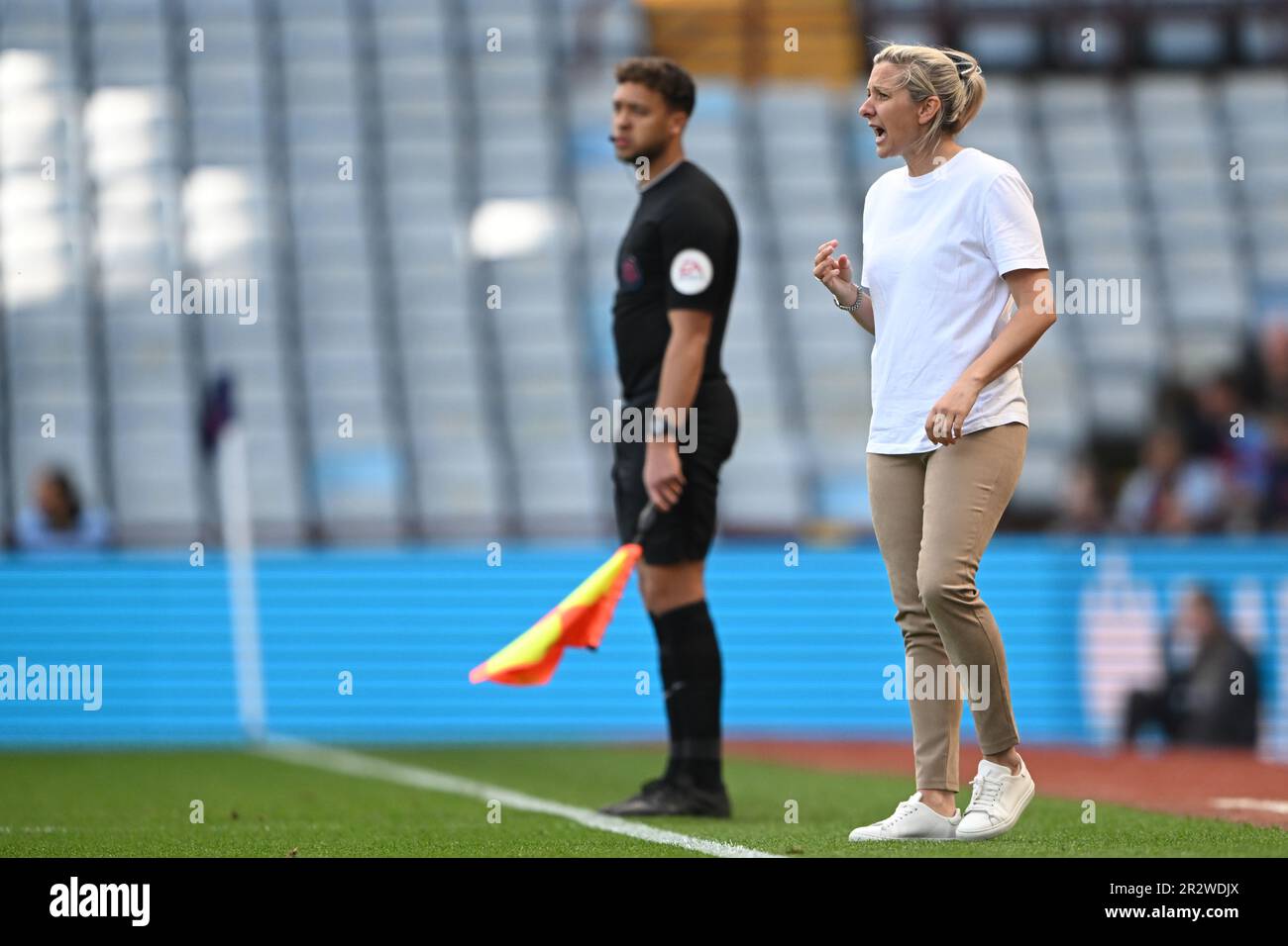 Birmingham, UK. 21st May 2023.   Carla Ward Head Coach of Aston Villa during the Women’s Super League match between Aston Villa and Liverpool at Villa Park in Birmingham on 21st May 2023. This image may only be used for Editorial purposes. Editorial use only.  Credit: Ashley Crowden/Alamy Live News Stock Photo