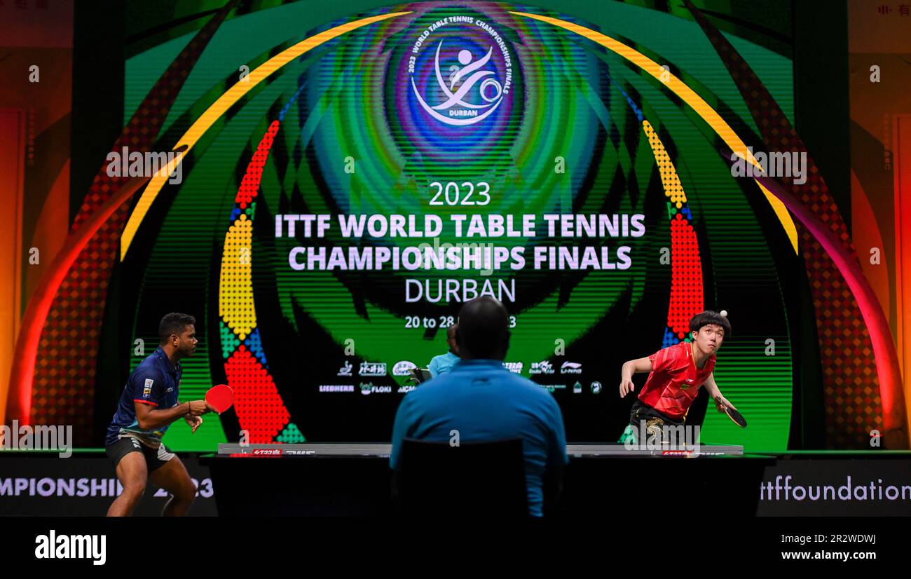 Durban, South Africa. 21st May, 2023. Sarah Jalli (R) of the United States  reacts during the women's singles first round match between Hayata Hina of  Japan and Sarah Jalli of the United