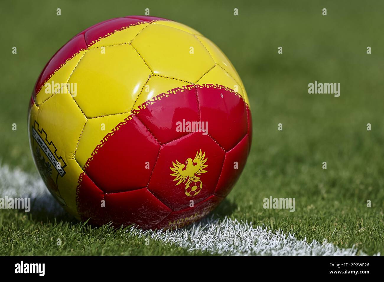 DEVENTER - Illustration of a soccer ball with logo of GA Eagles during the Dutch premier league game between Go Ahead Eagles and FC Volendam at De Adelaarshorst on May 21, 2023 in Deventer, Netherlands. ANP VINCENT JANNINK Stock Photo