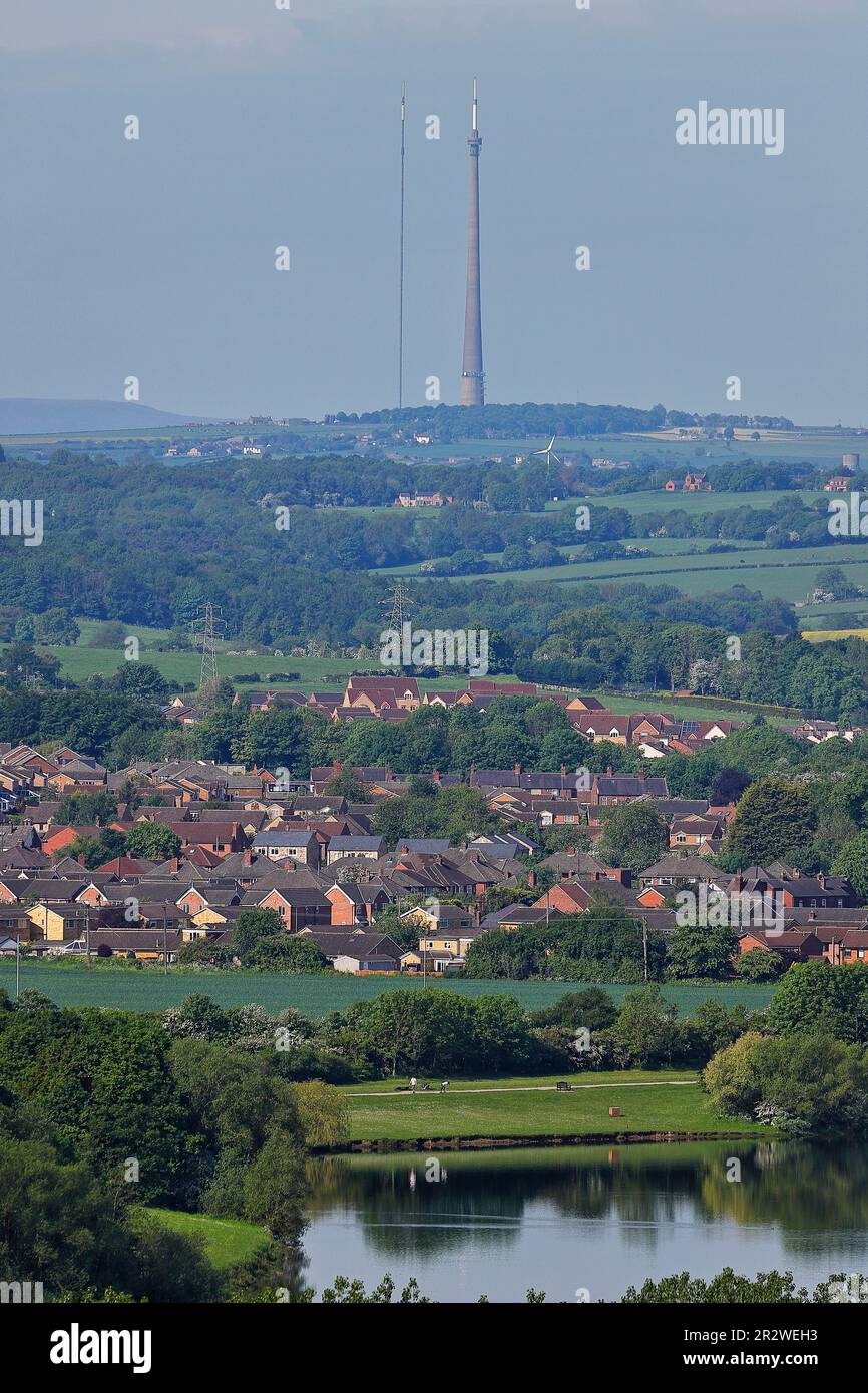 A view of Arqiva Tower and the temporary transmitter at Emley Moor in West Yorkshire. Taken from Sandal Castle in Wakefield Stock Photo