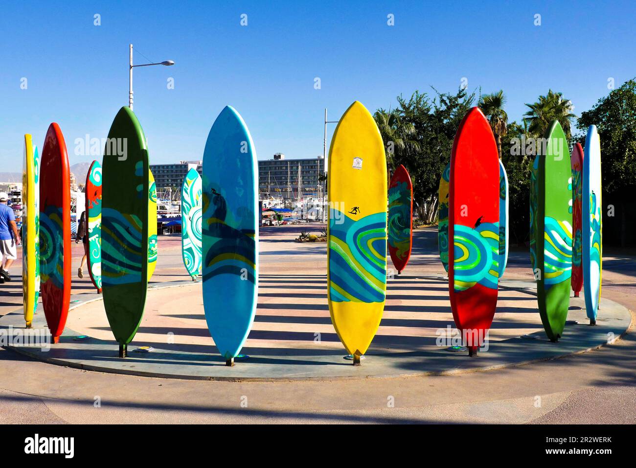 Surf boards circle the sidewalk in Cabo San Lucas, Mexico Stock Photo