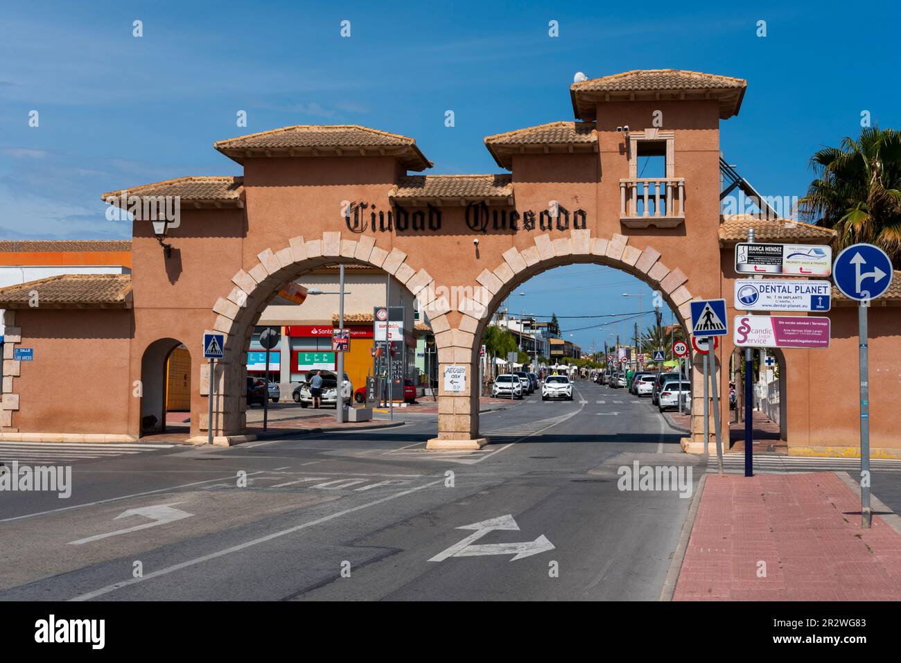Ciudad Quesada town archway, entrance, Spain. Main street. Ciudad