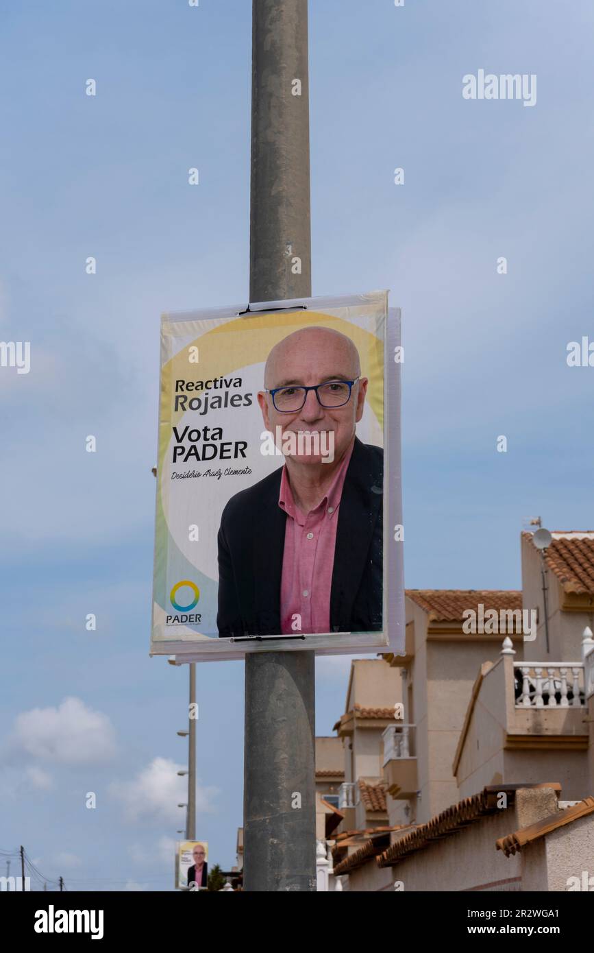 Election candidate for 2023 Spanish local elections in Ciudad Quesada, for region of Rojales, Spain. Vote PADER, Partido Demócrata de Rojales Stock Photo