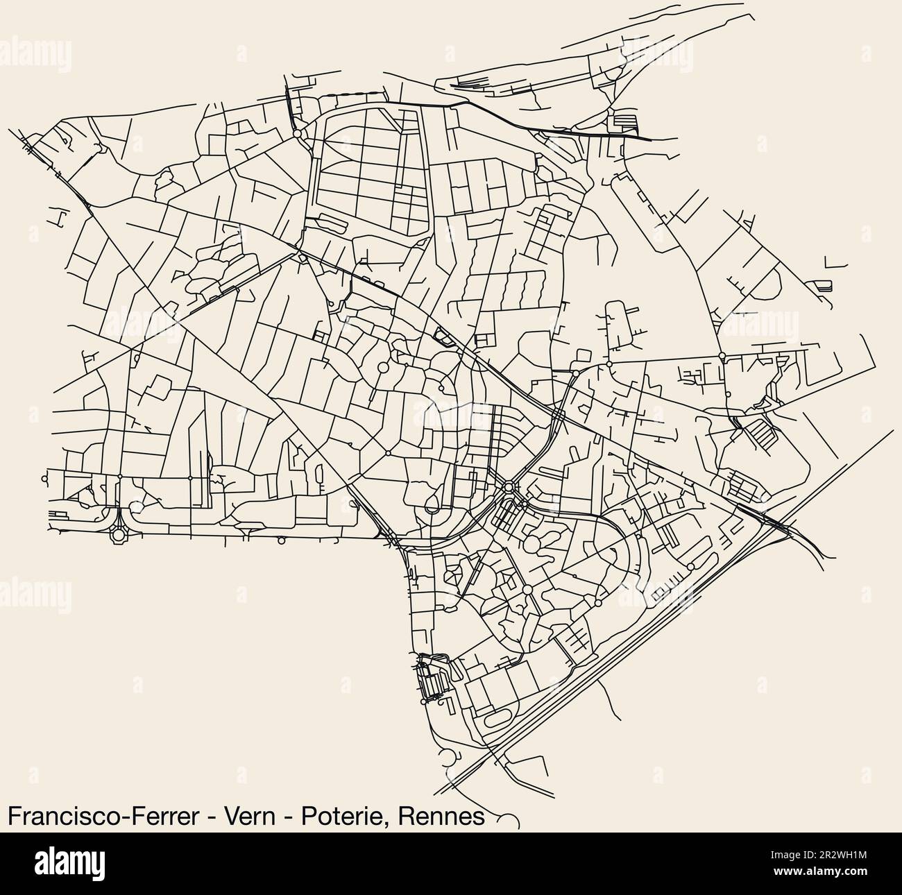 Street roads map of the FRANCISCO-FERRER - VERN - POTERIE QUARTER, RENNES Stock Vector