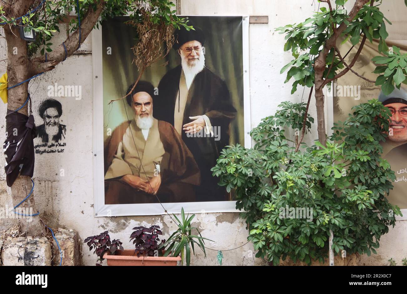 Beirut, Lebanon. 19th May, 2023. Posters of Iranian Shia Muslim Ayatollahs Komeini and Kamenei