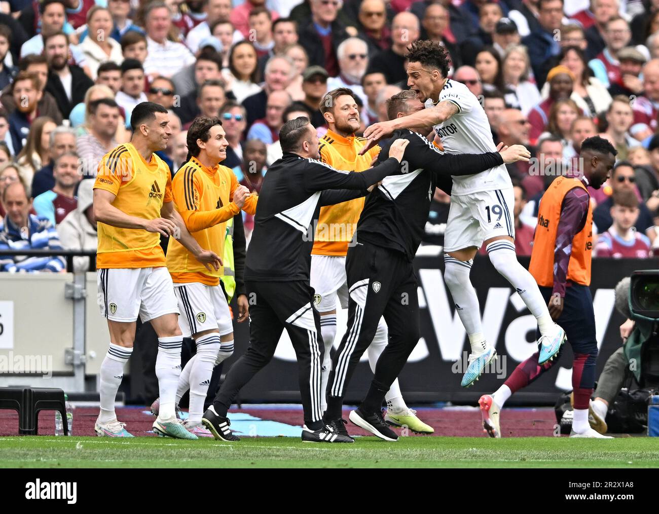London, UK. 21st May, 2023. GOAL. Rodrigo (Leeds) celebrates scoring