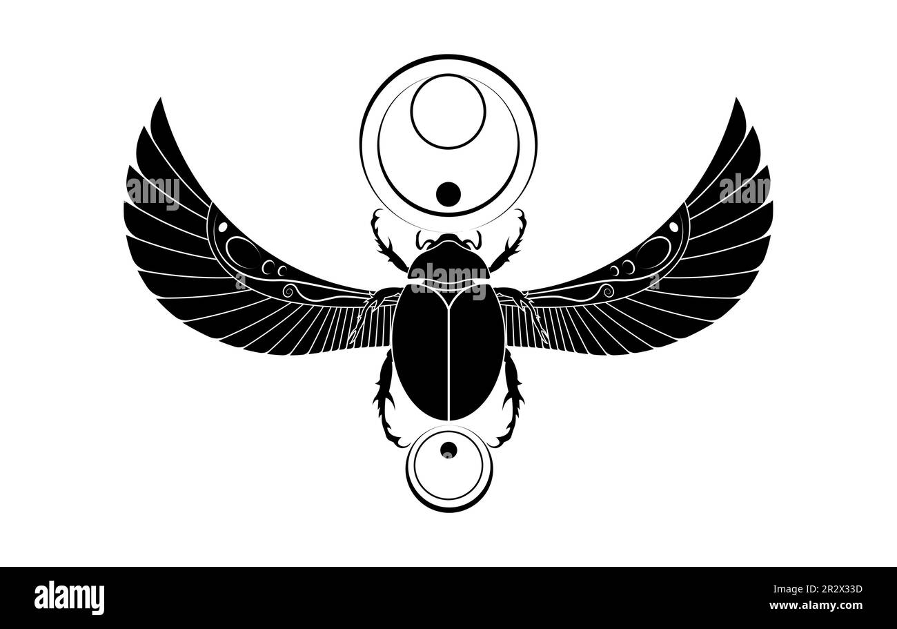 egyptian sacred Scarab wall art design. beetle with wings. Vector illustration black logo, personifying the god Khepri. Symbol of the ancient Egyptian Stock Vector