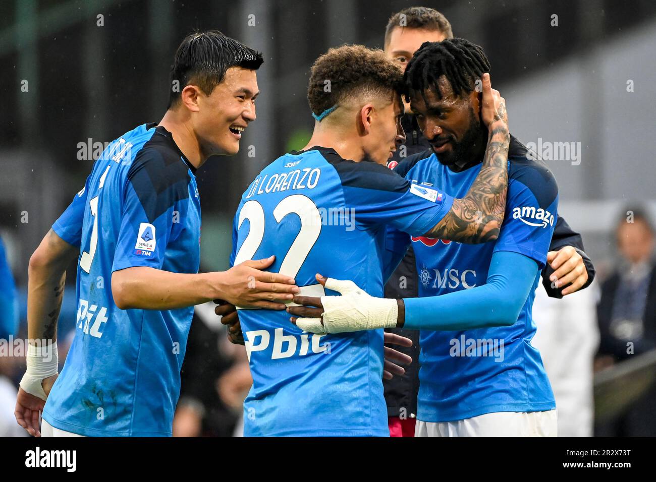 Naples, Italy. 21st May, 2023. Andre Zambo Anguissa of SSC Napoli (r) celebrates with Giovanni Di Lorenzo (c) and Kim Min-jae (l) after scoring the goal of 1-0 during the Serie A football match between SSC Napoli and FC Internazionale at Diego Armando Maradona stadium in Naples (Italy), May 21th, 2023. Credit: Insidefoto di andrea staccioli/Alamy Live News Stock Photo