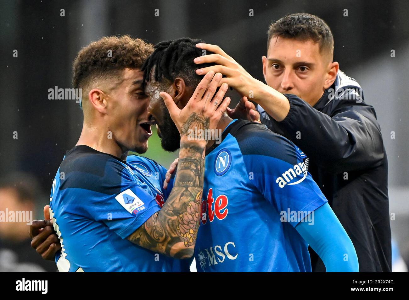 Naples, Italy. 21st May, 2023. Andre Zambo Anguissa of SSC Napoli (c) celebrates with Giovanni Di Lorenzo (l) and Pierluigi Gollini after scoring the goal of 1-0 during the Serie A football match between SSC Napoli and FC Internazionale at Diego Armando Maradona stadium in Naples (Italy), May 21th, 2023. Credit: Insidefoto di andrea staccioli/Alamy Live News Stock Photo