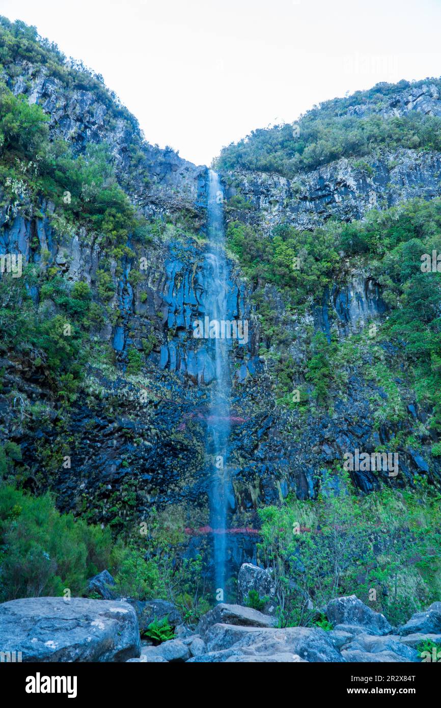 Aerial view of The 25 Fontes or 25 Springs in English. It's a group of waterfalls located in Rabacal, Paul da Serra on Madeira Island. Access is possi Stock Photo