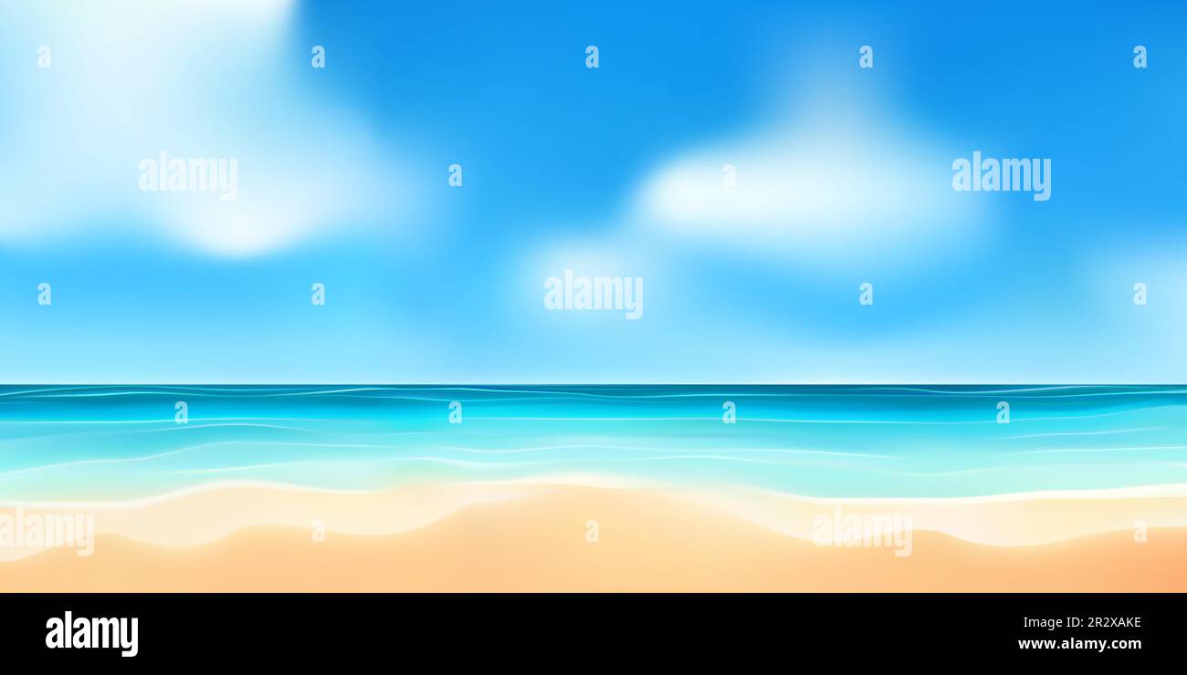 Landscape, summer tropical beach. Azure sea, ocean, surf, blue sky with clouds, sand. Design concept for travel, family vacation. Natural beach backgr Stock Vector