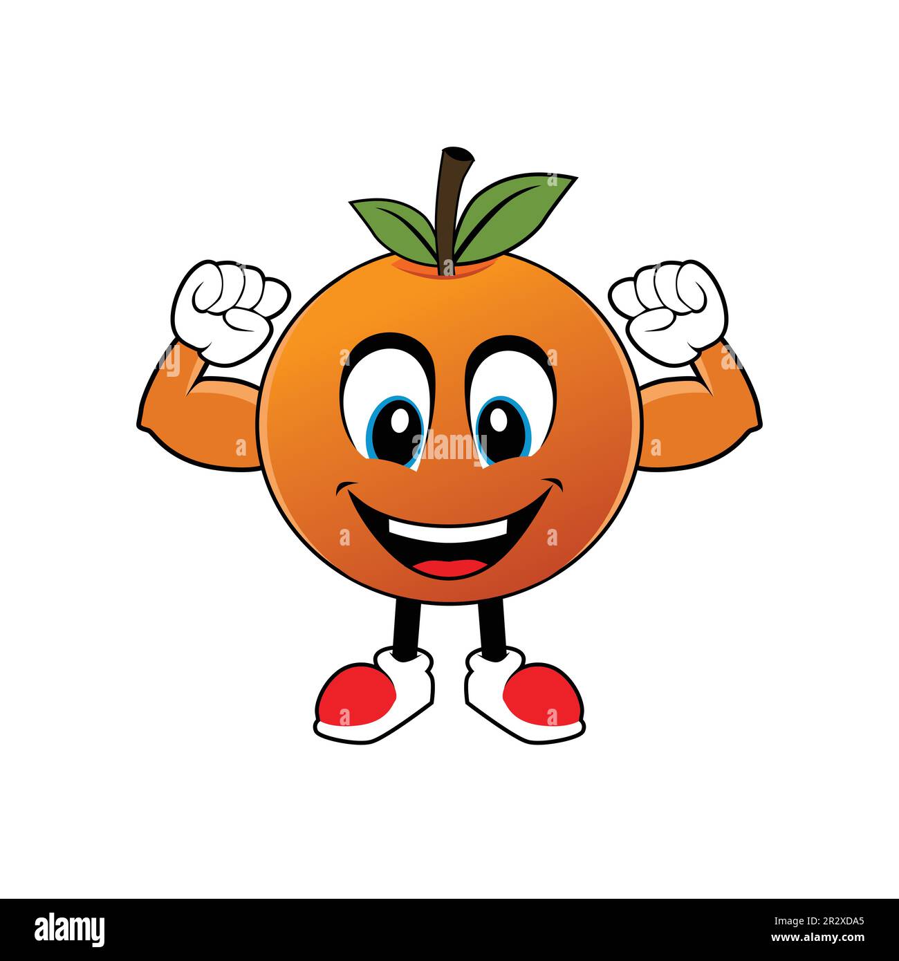 Smiling Orange Fruit Cartoon Mascot with Muscle Arms .Illustration for sticker icon mascot and logo Stock Vector