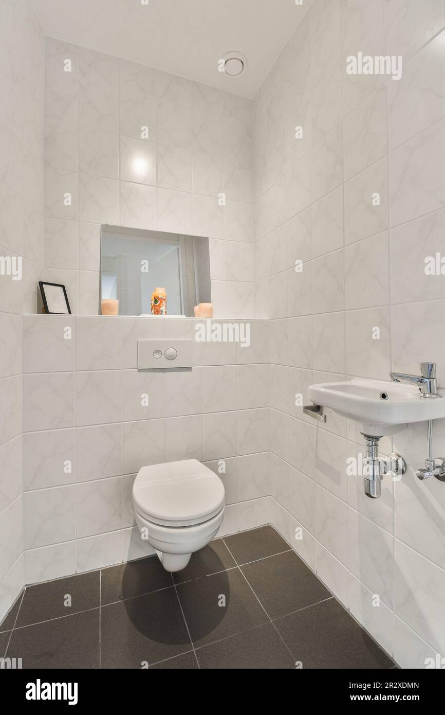 a white bathroom with black tile flooring and wall mounted mirror above