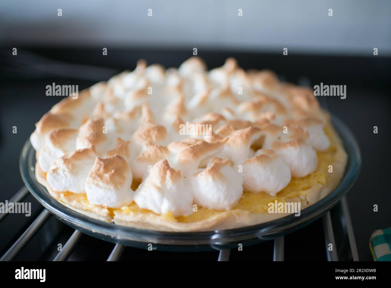 Close up of a delicious homemade lemon pie. Italian meringue on top Stock Photo