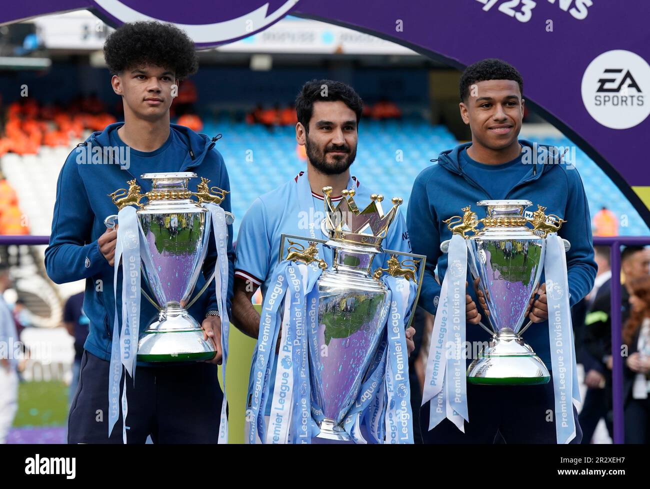 Manchester, UK. 21st May, 2023. Nico O'Reilly with the U18 trophy, Ilkay Gundogan of Manchester City (c) with the Premier League Trophy and Shea Charles with the U21 Trophy during the Premier League match at the Etihad Stadium, Manchester. Picture credit should read: Andrew Yates/Sportimage Credit: Sportimage Ltd/Alamy Live News Stock Photo