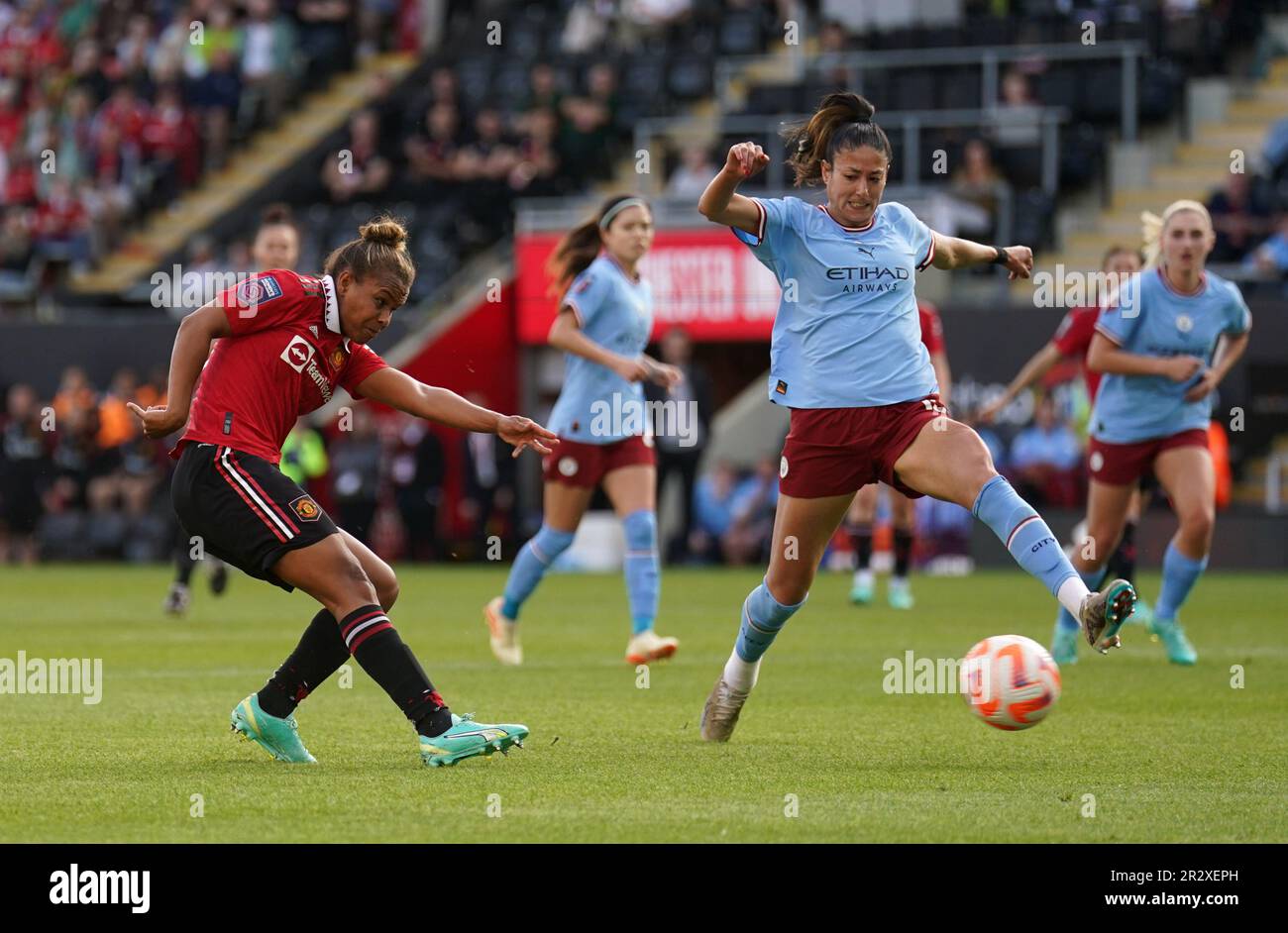 Manchester United's Nikita Parris shoots at goal during the Barclays Women's Super League match at Leigh Sports Village. Picture date: Sunday May 21, 2023. Stock Photo