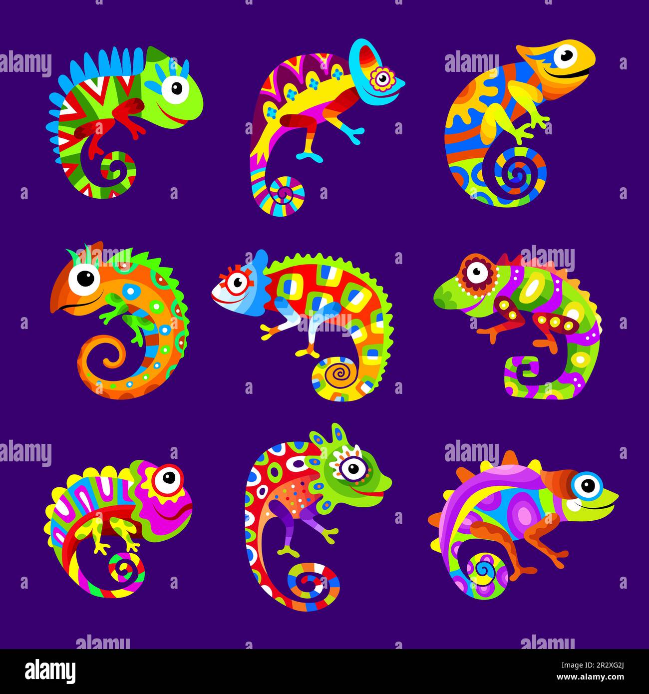 Chameleons. Stylized colored chameleons with colorful skin recent vector lizard pictures set Stock Vector