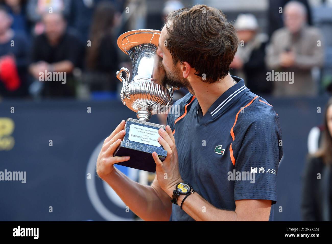 Rome, Italy. 21st May 2023; Foro Italico, Rome, Italy: ATP 1000 Masters  Rome, Day 14; Daniil Medvedev celebrates as he wins the mens singles  tournament and trophy against Holger Rune 7-5 7-5