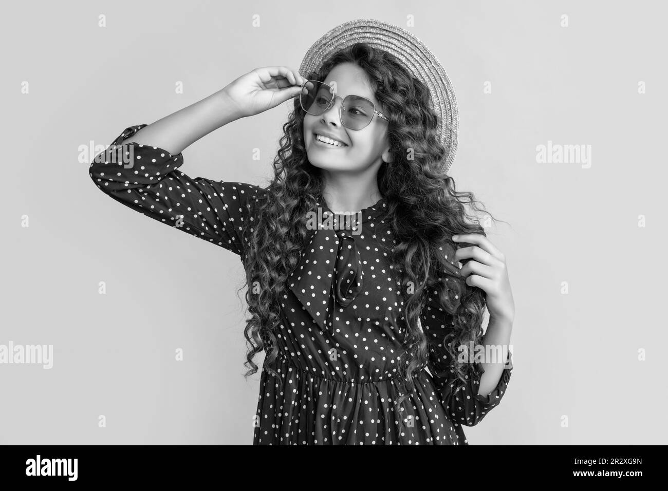 Cheerful girl long curly Black and White Stock Photos & Images - Alamy