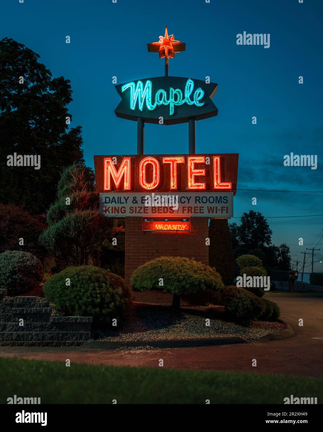 Maple Motel vintage neon sign at night, Newington, Connecticut Stock Photo