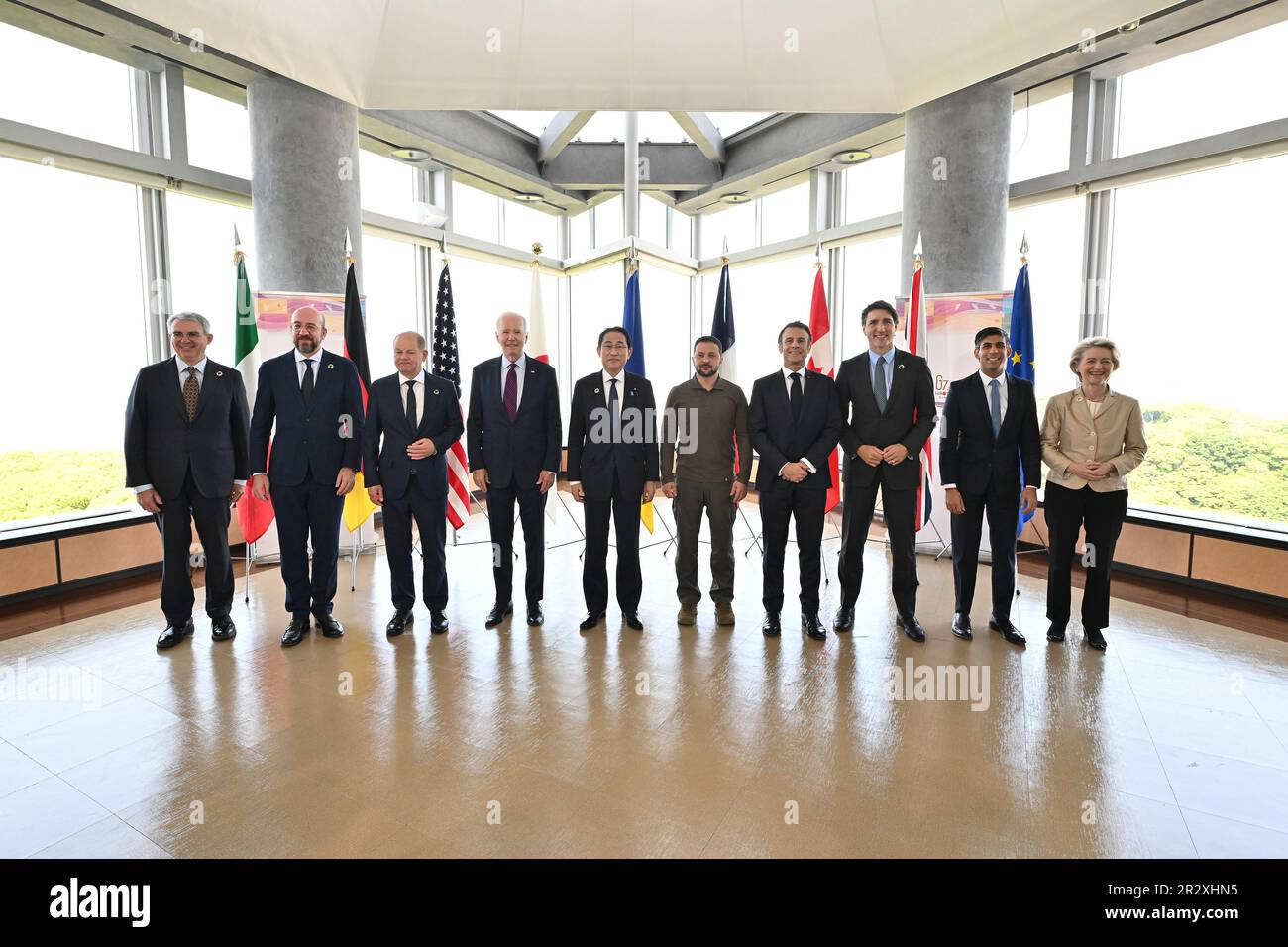 Hiroshima, Japan. 21 May, 2023. Leaders of the G7 group of nations stand for a group photo with Ukrainian President Volodymyr Zelenskyy, center, at the G7 Leaders Summit at the Grand Prince Hotel, May 21, 2023 in Hiroshima, Japan. Standing from left: Italian ambassador to Japan Gianluigi Benedetti, European Council President Charles Michel, German Chancellor Olaf Schotz, U.S. President Joe Biden, Japanese Prime Minister Fumio Kishida, Ukrainian President Volodymyr Zelenskyy, French President Emmanuel Macron, Canadian Prime Minister Justin Trudeau, British Prime Minister Rishi Sunak and Europea Stock Photo