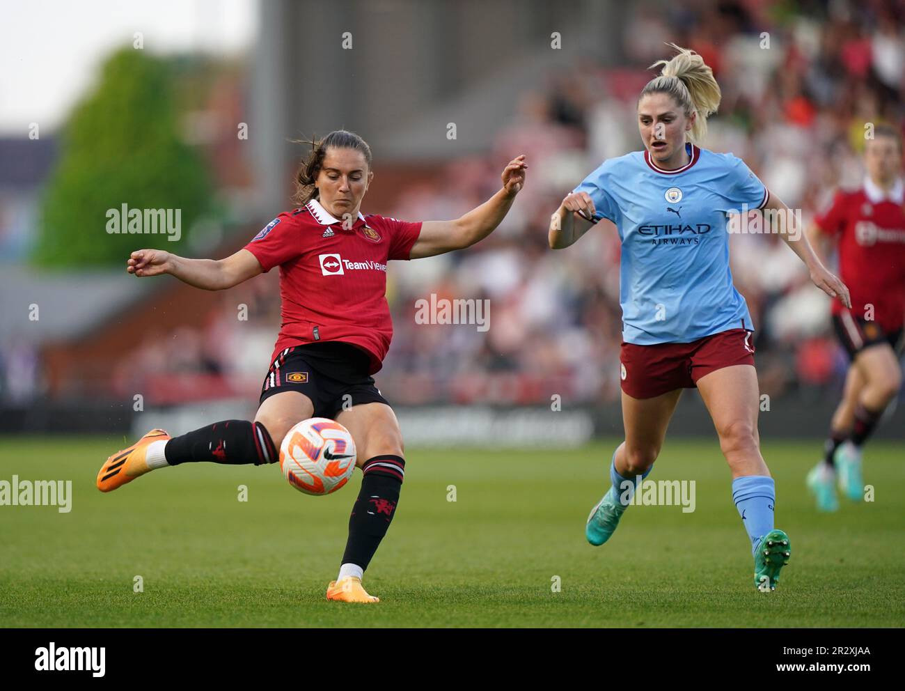 Manchester United's Vilde Boe Risa shoots at goal during the Barclays Women's Super League match at Leigh Sports Village. Picture date: Sunday May 21, 2023. Stock Photo