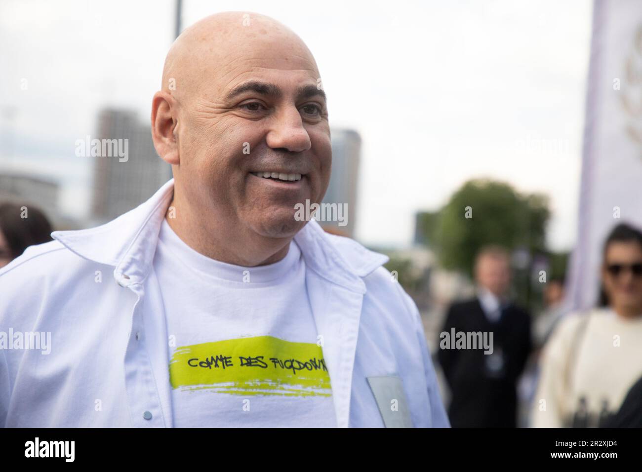 Moscow, Russia. 21st of May, 2023. Record producer Iosif Prigozhin arrives to plant out wild cherry trees in Dynamo Park to mark the Dynamo Moscow centenary as part of the Cherry Forest Festival in Moscow, Russia Stock Photo