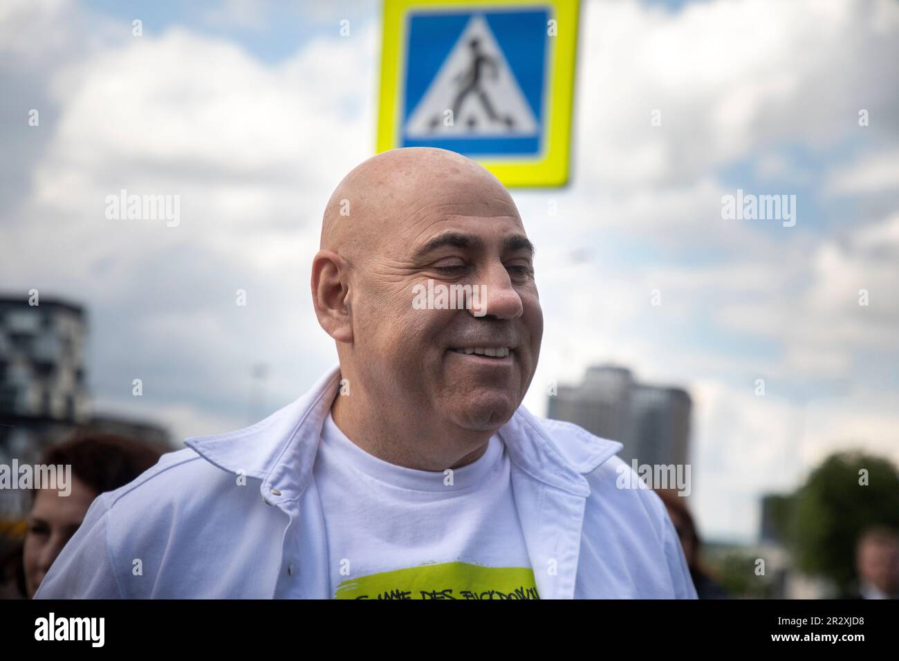 Moscow, Russia. 21st of May, 2023. Record producer Iosif Prigozhin arrives to plant out wild cherry trees in Dynamo Park to mark the Dynamo Moscow centenary as part of the Cherry Forest Festival in Moscow, Russia Stock Photo