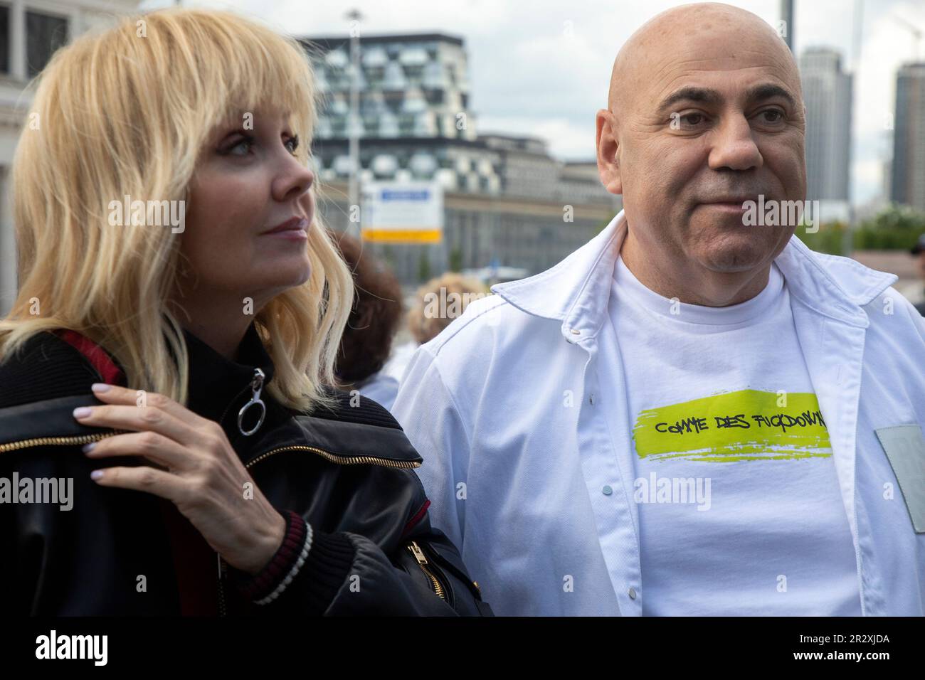 Moscow, Russia. 21st of May, 2023. The record producer Iosif Prigozhin and the singer Valeria arrives to plant out wild cherry trees in Dynamo Park to mark the Dynamo Moscow centenary as part of the Cherry Forest Festival in Moscow, Russia Stock Photo