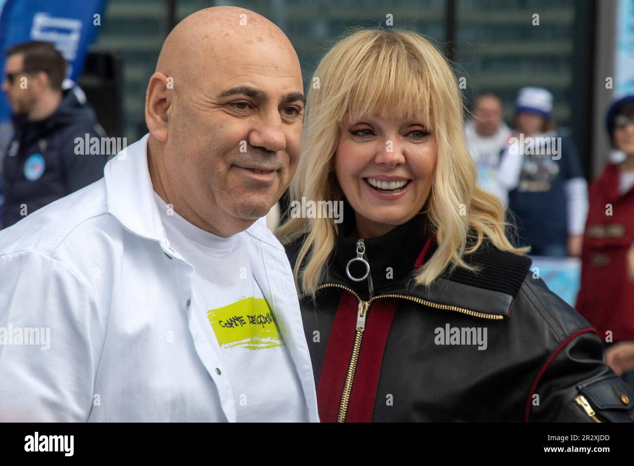 Moscow, Russia. 21st of May, 2023. The record producer Iosif Prigozhin and the singer Valeria arrives to plant out wild cherry trees in Dynamo Park to mark the Dynamo Moscow centenary as part of the Cherry Forest Festival in Moscow, Russia Stock Photo