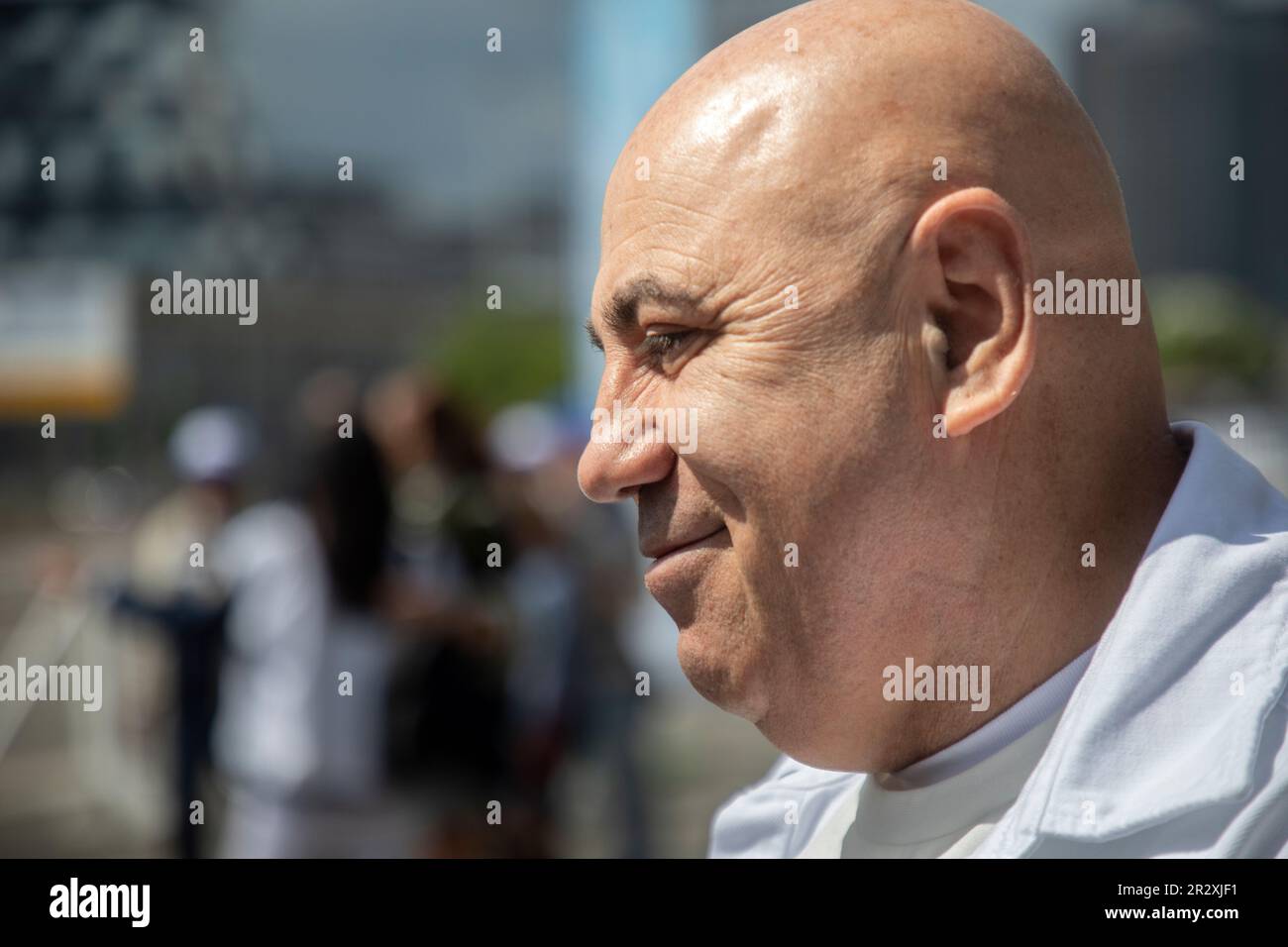 Moscow, Russia. 21st of May, 2023. Record producer Iosif Prigozhin arrives to plant out wild cherry trees in Dynamo Park to mark the Dynamo Moscow centenary as part of the Cherry Forest Festival in Moscow, Russia Stock Photo
