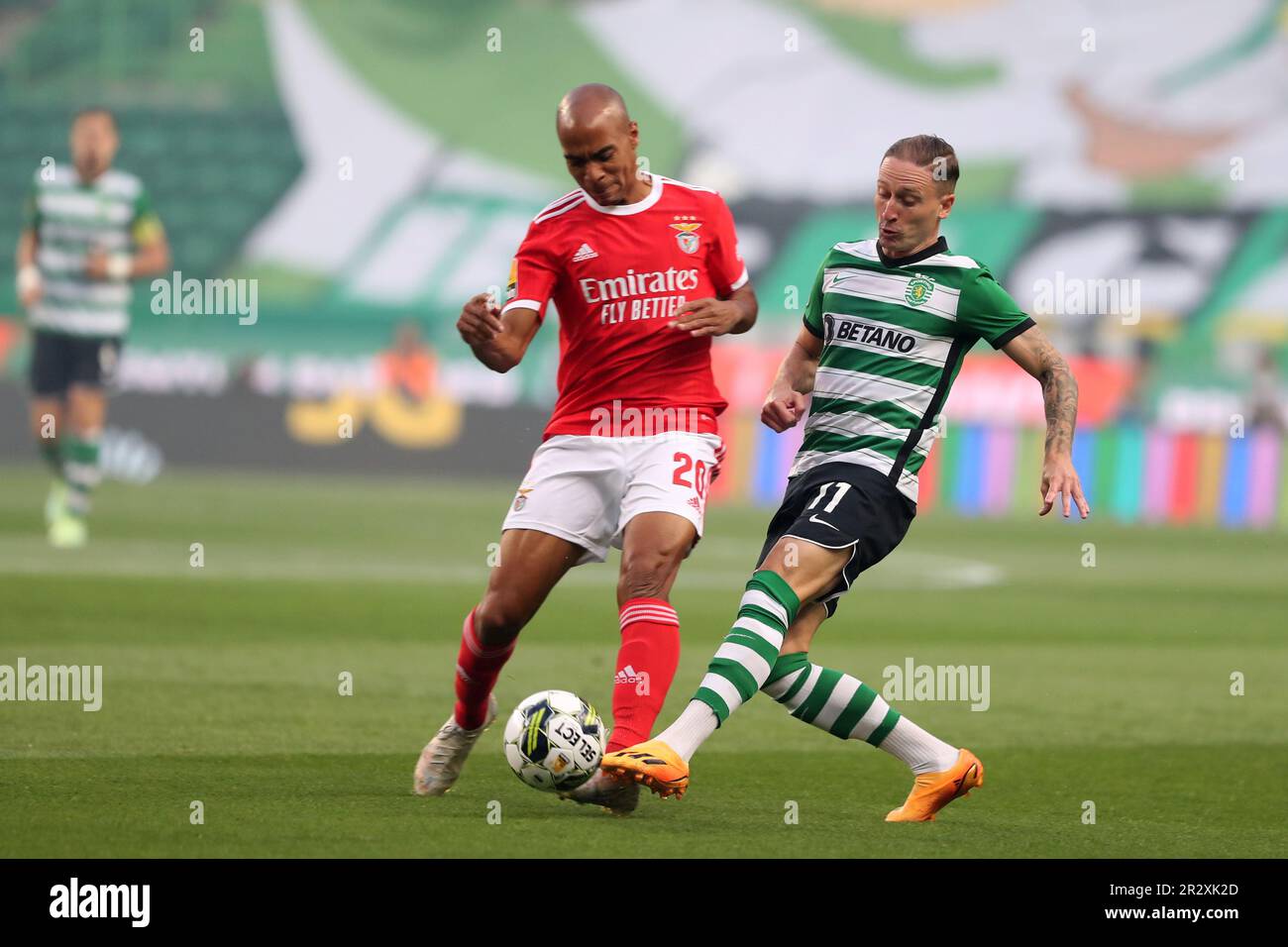 Lisbon, Portugal. 21st May, 2023. Joao Mario of Benfica (L) vies with Nuno Santos of Sporting CP during the Portuguese League football match between Sporting CP and SL Benfica at Jose Alvalade stadium in Lisbon, Portugal on May 21, 2023. (Credit Image: © Pedro Fiuza/ZUMA Press Wire) EDITORIAL USAGE ONLY! Not for Commercial USAGE! Credit: ZUMA Press, Inc./Alamy Live News Stock Photo