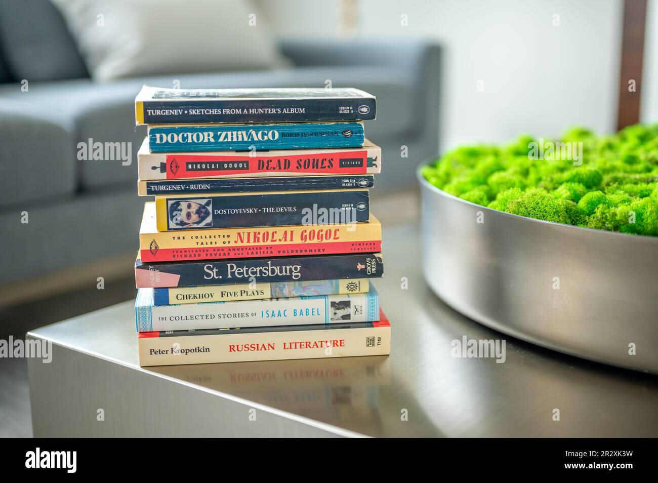 Calgary, Alberta - May 19, 2023: Stack of novels by Russian writers. Stock Photo