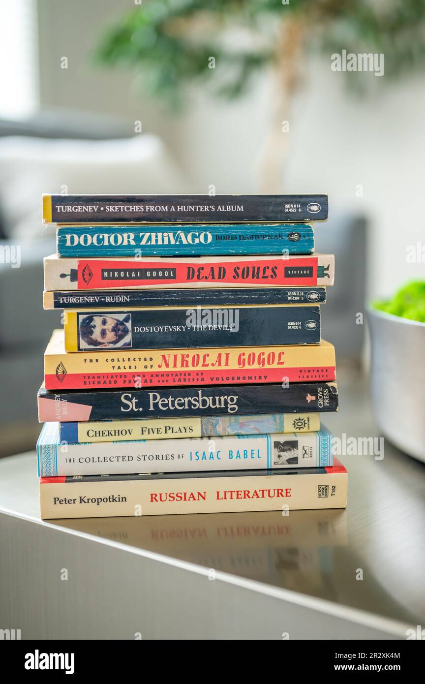 Calgary, Alberta - May 19, 2023: Stack of novels by Russian writers. Stock Photo