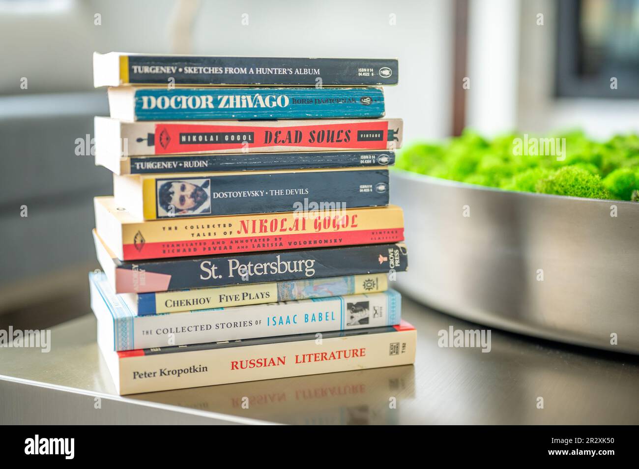 Calgary, Alberta - May 19, 2023: Stack of novels by Russian writers. Stock Photo